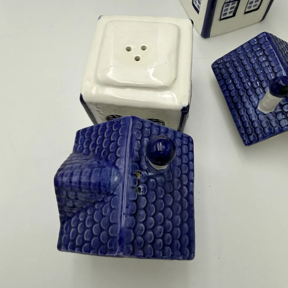 Vtg CKAO Blue White Ceramic House Canister Set 5pc w Lids Pasta Tea Cottagecore